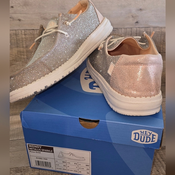 Hey Dude Glittery Rose  Gold Loafers - Picture 2 of 3